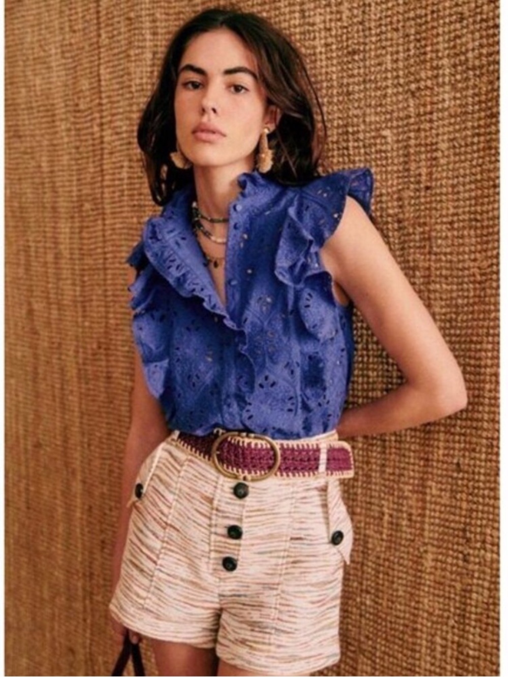 Sezane Chiara Eyelet Blouse Ruffle Embroidered Scalloped Cotton Blue Size Small